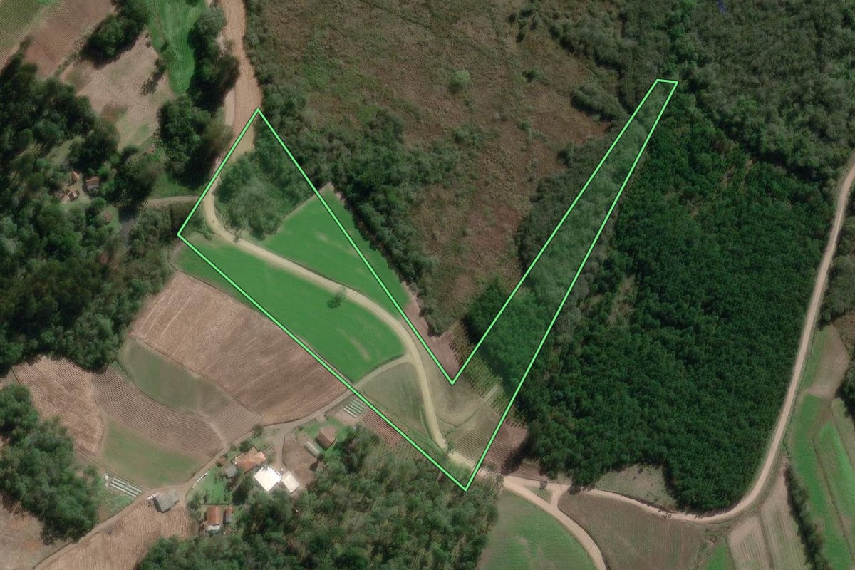 Imagem de satélite do imóvel rural em Irineópolis (SC), com o contorno declarado no CAR desenhado por cima.