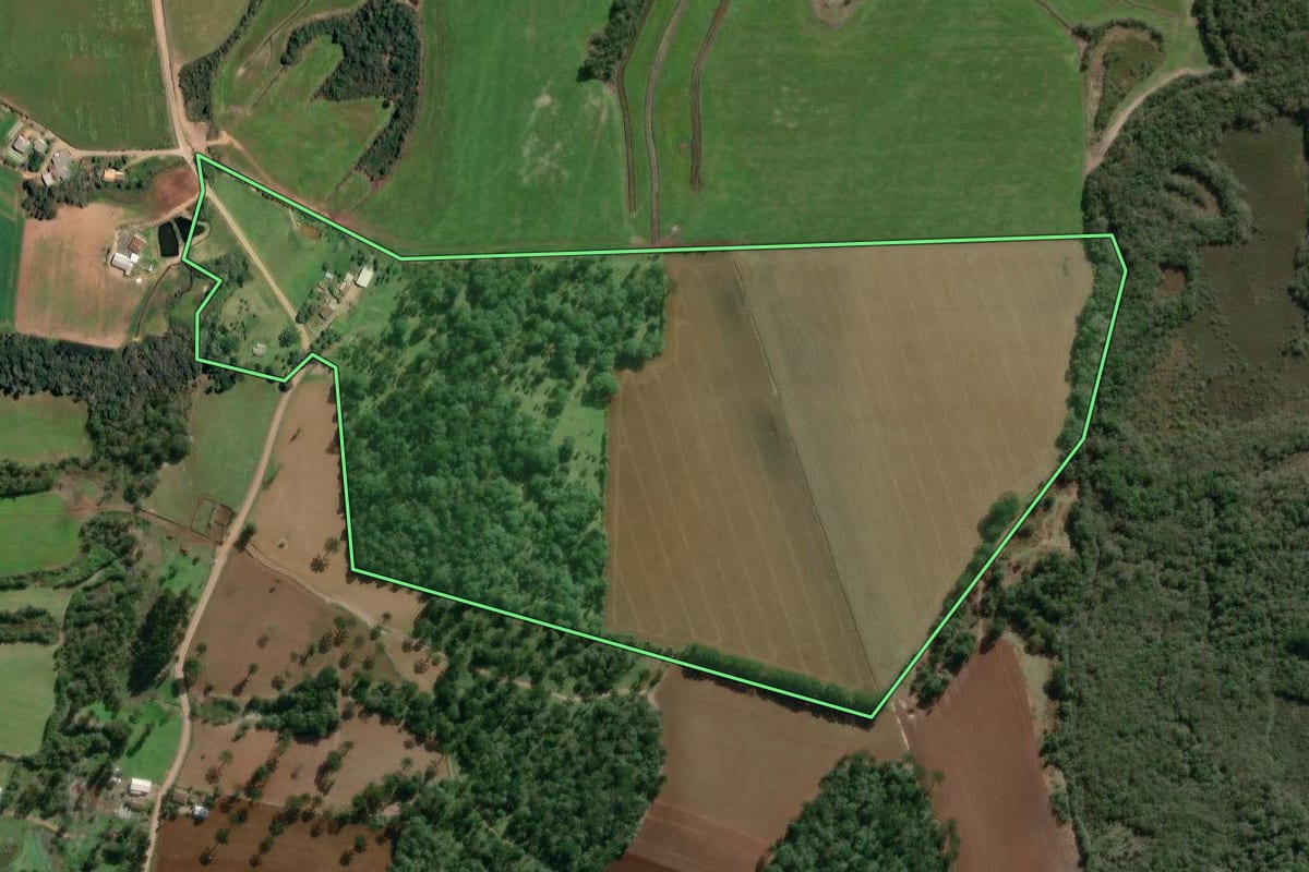 Imagem de satélite do imóvel rural em Irineópolis (SC), com o contorno declarado no CAR desenhado por cima.
