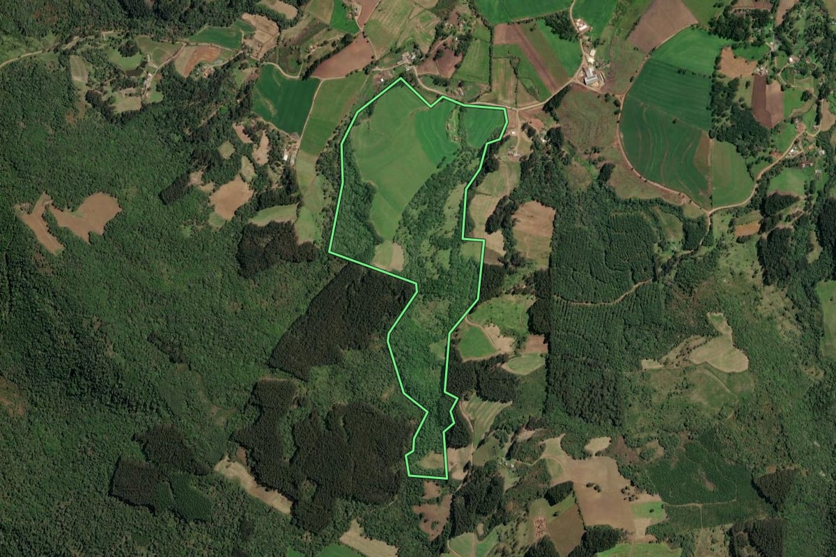 Imagem de satélite do imóvel rural em Irineópolis (SC), com o contorno declarado no CAR desenhado por cima.