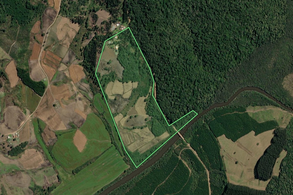 Imagem de satélite do imóvel rural em Irineópolis (SC), com o contorno declarado no CAR desenhado por cima.