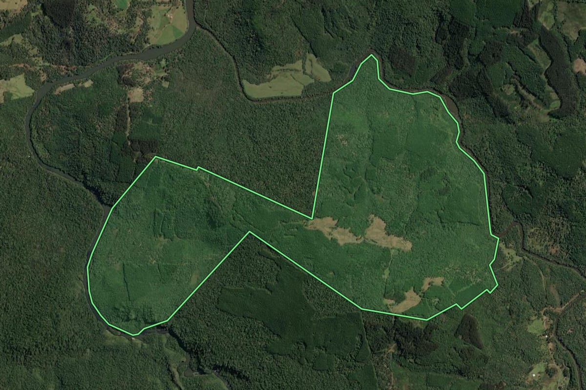 Imagem de satélite do imóvel rural em Irineópolis (SC), com o contorno declarado no CAR desenhado por cima.