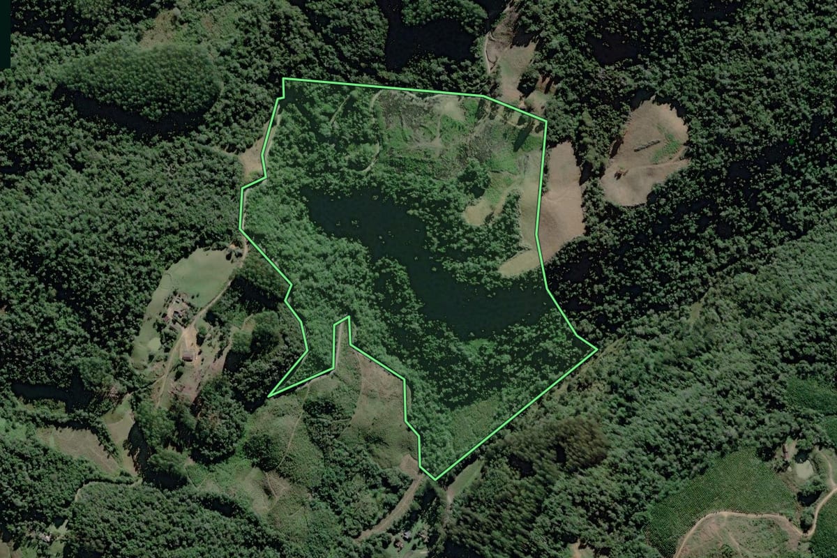 Imagem de satélite do imóvel rural em Itaiópolis (SC), com o contorno declarado no CAR desenhado por cima.