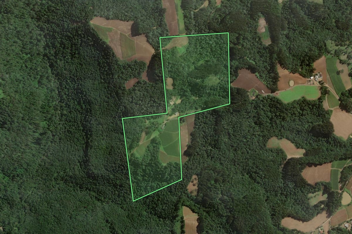 Imagem de satélite do imóvel rural em Itaiópolis (SC), com o contorno declarado no CAR desenhado por cima.