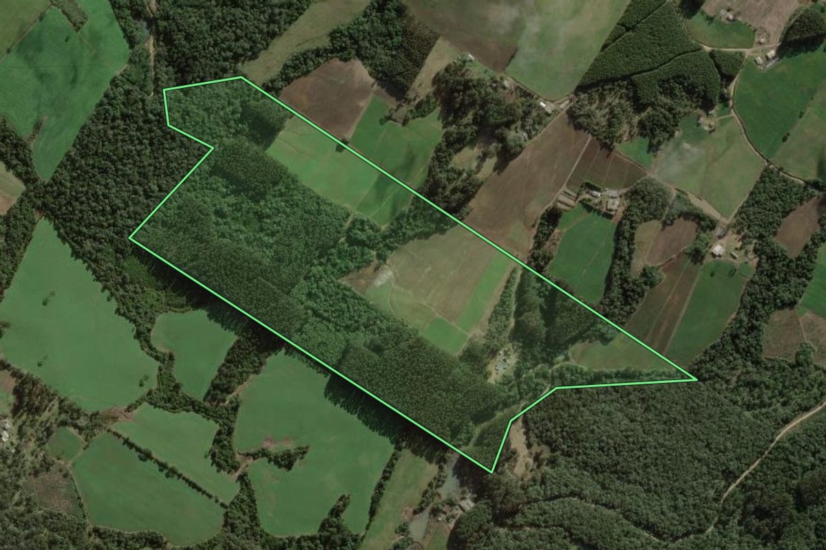 Imagem de satélite do imóvel rural em Itaiópolis (SC), com o contorno declarado no CAR desenhado por cima.
