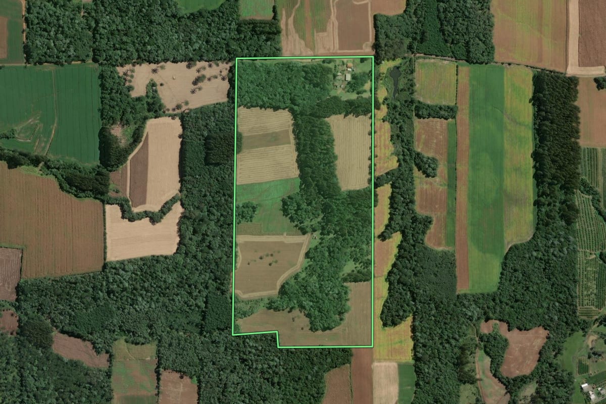 Imagem de satélite do imóvel rural em Itaiópolis (SC), com o contorno declarado no CAR desenhado por cima.