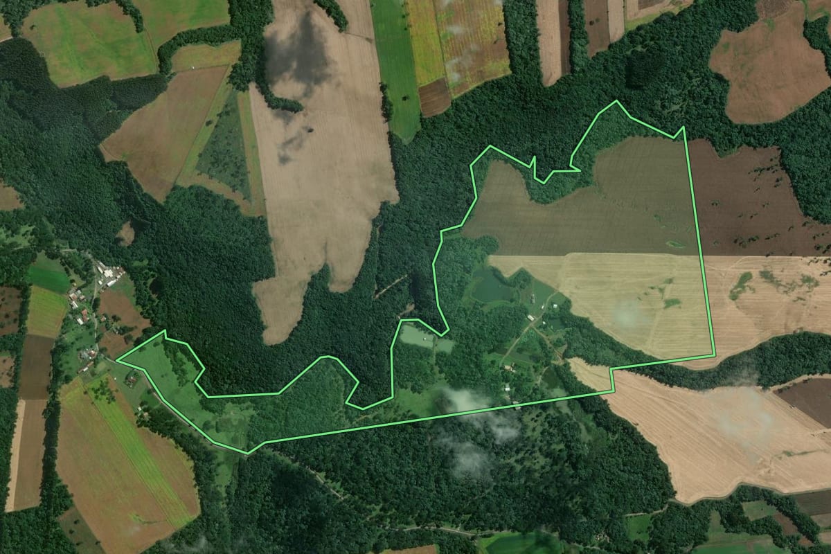 Imagem de satélite do imóvel rural em Itaiópolis (SC), com o contorno declarado no CAR desenhado por cima.