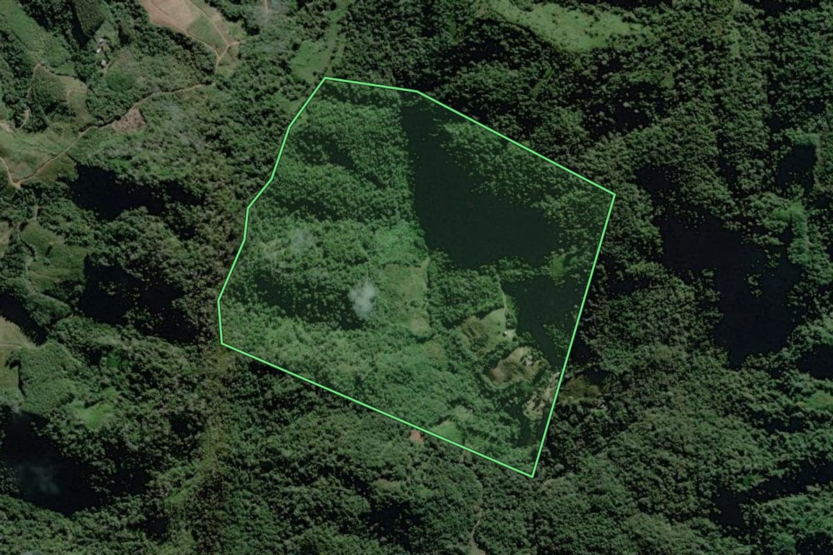 Imagem de satélite do imóvel rural em Itaiópolis (SC), com o contorno declarado no CAR desenhado por cima.