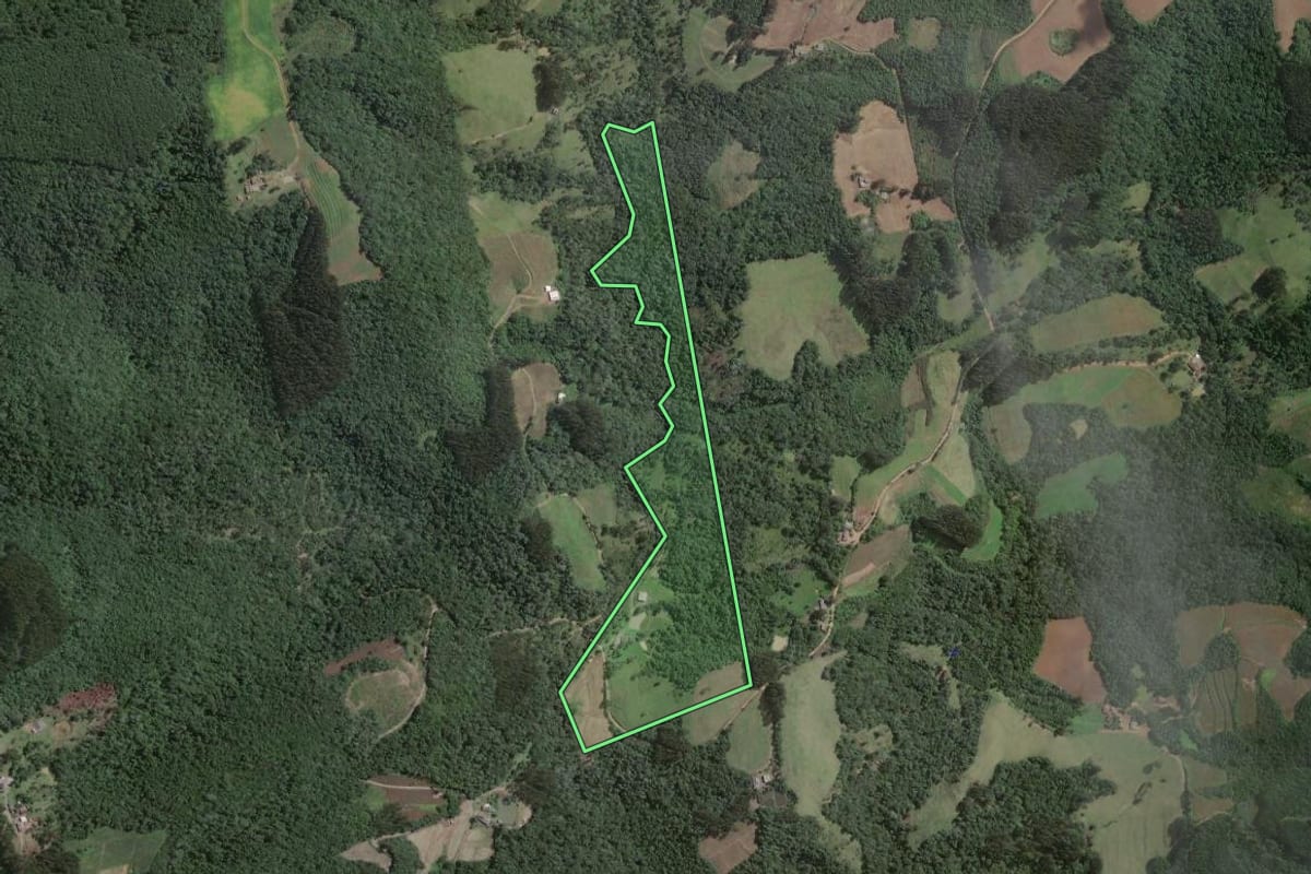 Imagem de satélite do imóvel rural em Itaiópolis (SC), com o contorno declarado no CAR desenhado por cima.