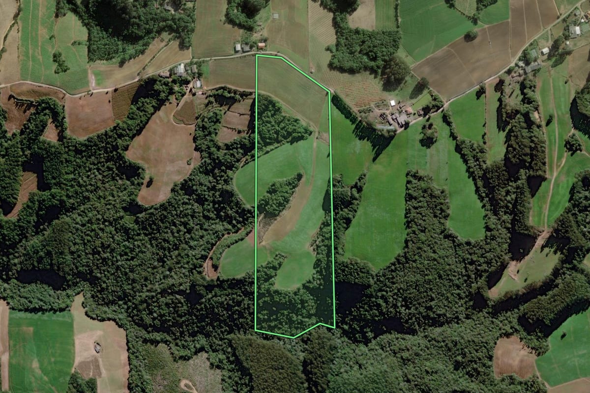 Imagem de satélite do imóvel rural em Itaiópolis (SC), com o contorno declarado no CAR desenhado por cima.