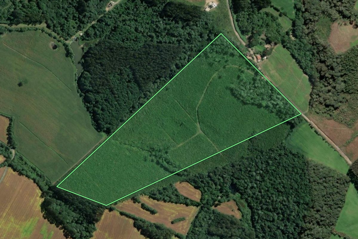 Imagem de satélite do imóvel rural em Itaiópolis (SC), com o contorno declarado no CAR desenhado por cima.