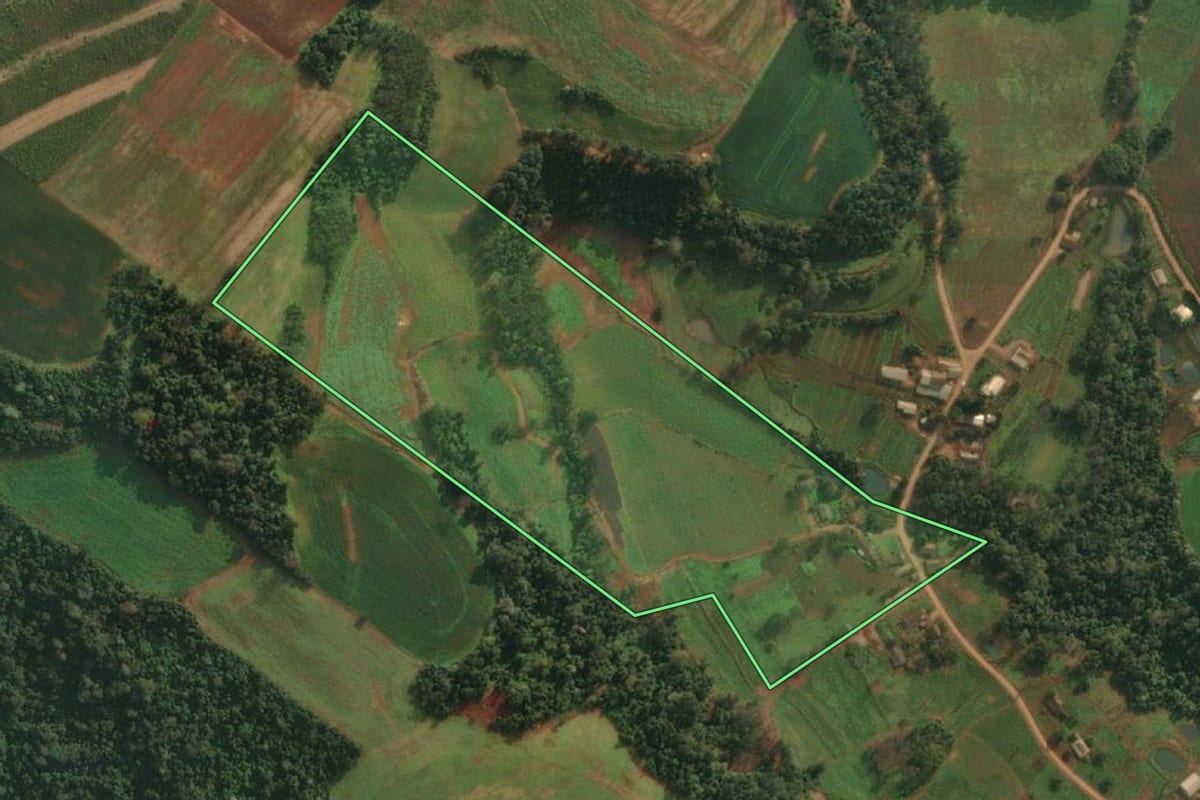 Imagem de satélite do imóvel rural em Itapiranga (SC), com o contorno declarado no CAR desenhado por cima.