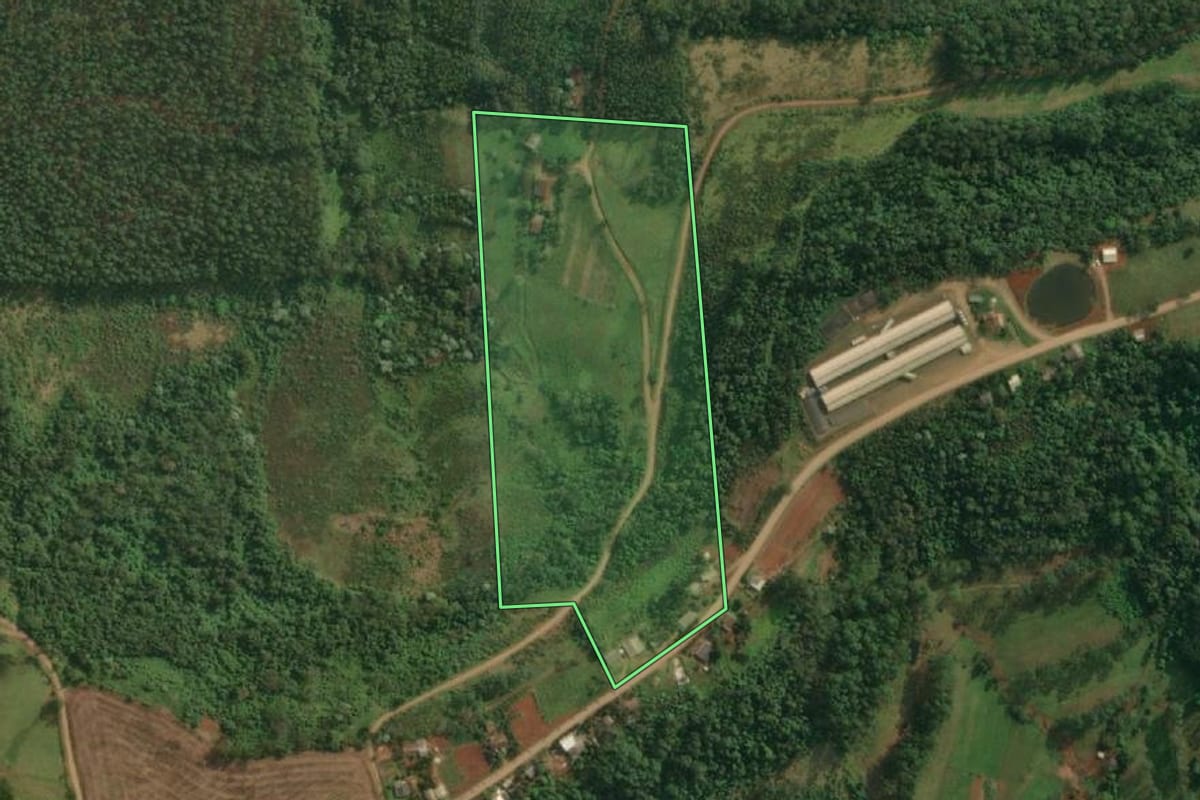 Imagem de satélite do imóvel rural em Itapiranga (SC), com o contorno declarado no CAR desenhado por cima.