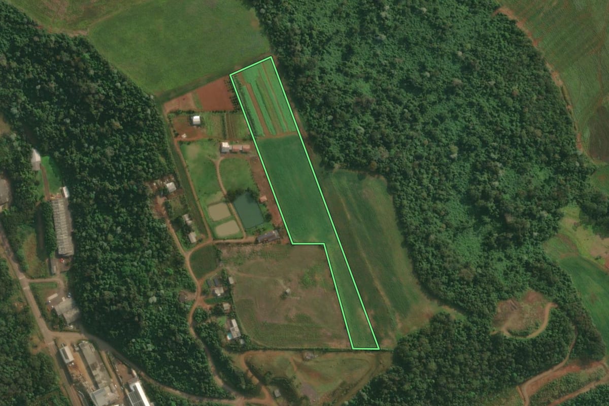 Imagem de satélite do imóvel rural em Itapiranga (SC), com o contorno declarado no CAR desenhado por cima.