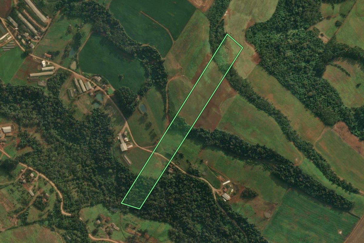 Imagem de satélite do imóvel rural em Itapiranga (SC), com o contorno declarado no CAR desenhado por cima.