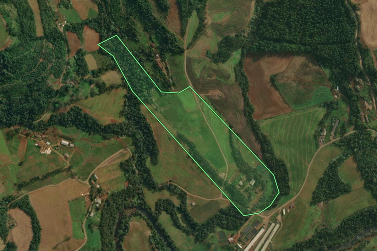 Imagem de satélite do imóvel rural em Itapiranga (SC), com o contorno declarado no CAR desenhado por cima.