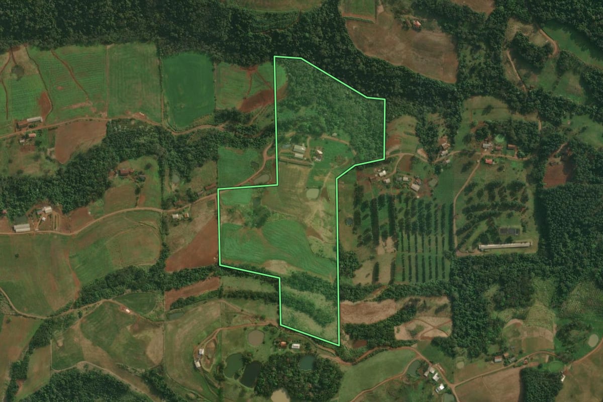 Imagem de satélite do imóvel rural em Itapiranga (SC), com o contorno declarado no CAR desenhado por cima.
