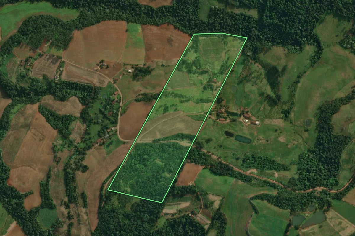 Imagem de satélite do imóvel rural em Itapiranga (SC), com o contorno declarado no CAR desenhado por cima.