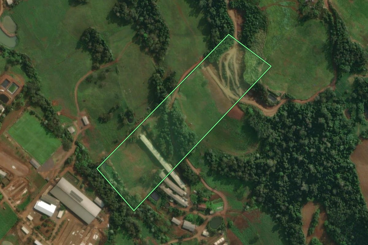 Imagem de satélite do imóvel rural em Itapiranga (SC), com o contorno declarado no CAR desenhado por cima.