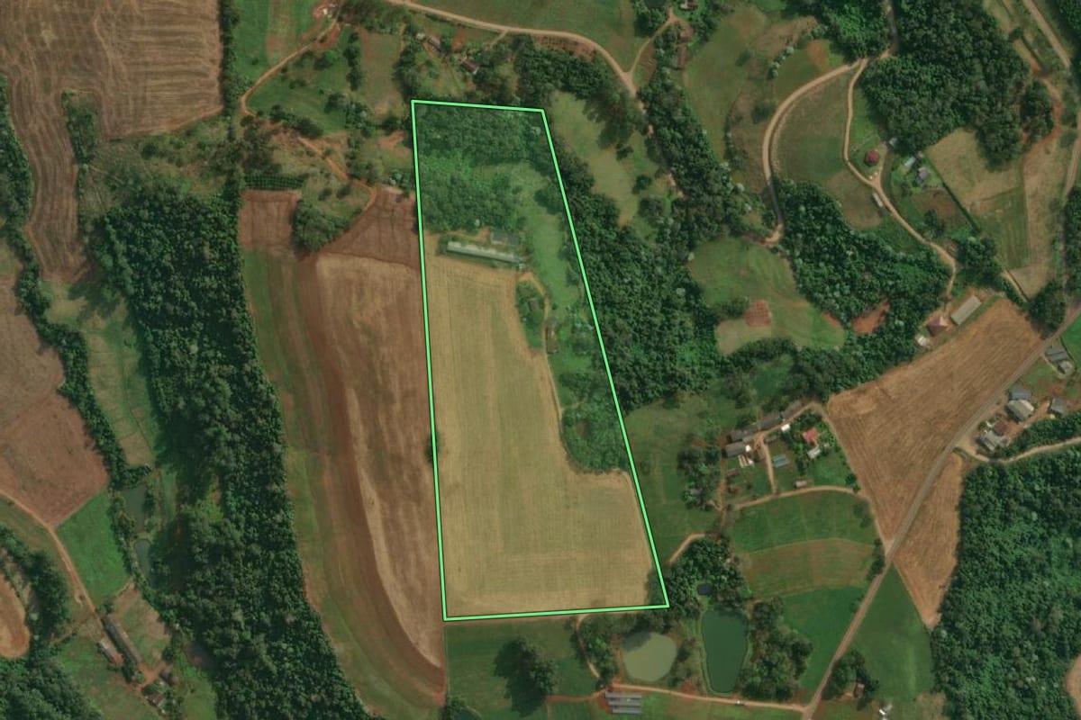 Imagem de satélite do imóvel rural em Itapiranga (SC), com o contorno declarado no CAR desenhado por cima.
