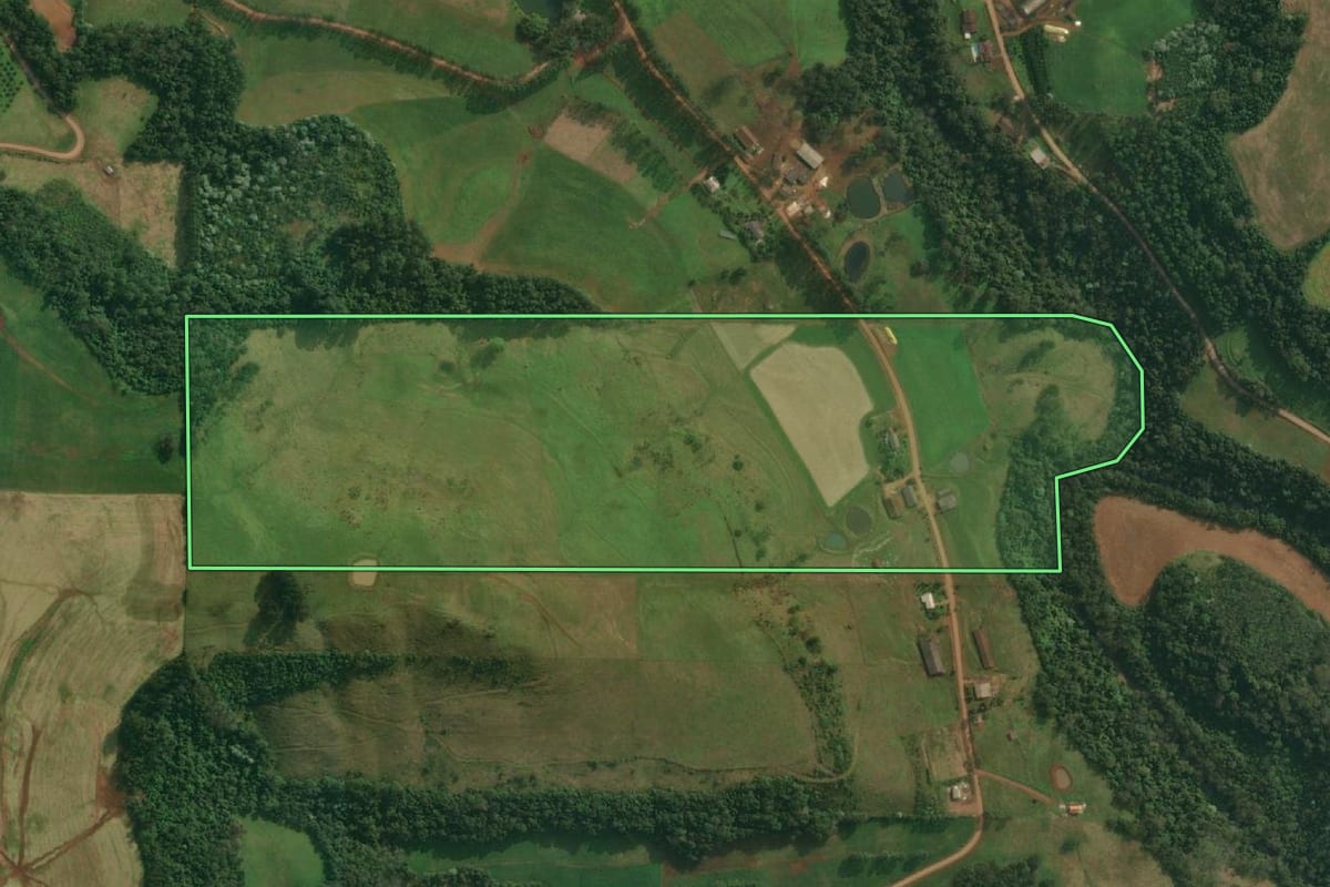 Imagem de satélite do imóvel rural em Itapiranga (SC), com o contorno declarado no CAR desenhado por cima.