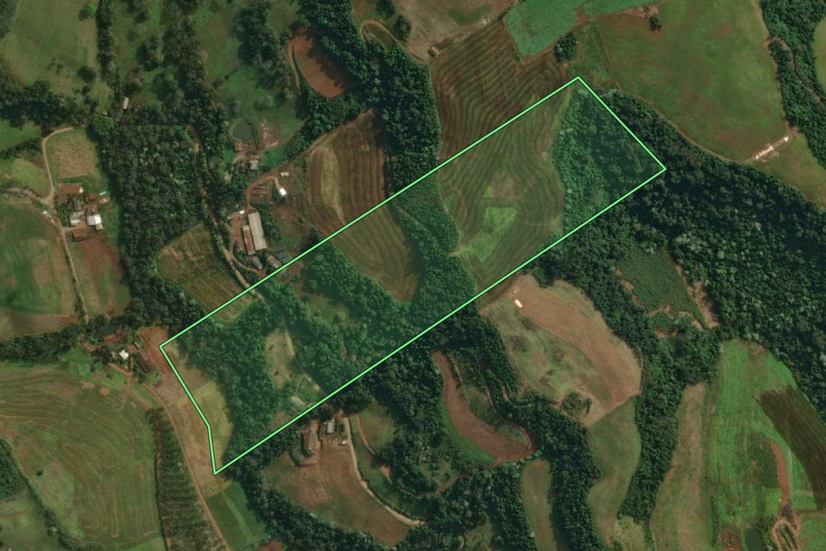 Imagem de satélite do imóvel rural em Itapiranga (SC), com o contorno declarado no CAR desenhado por cima.