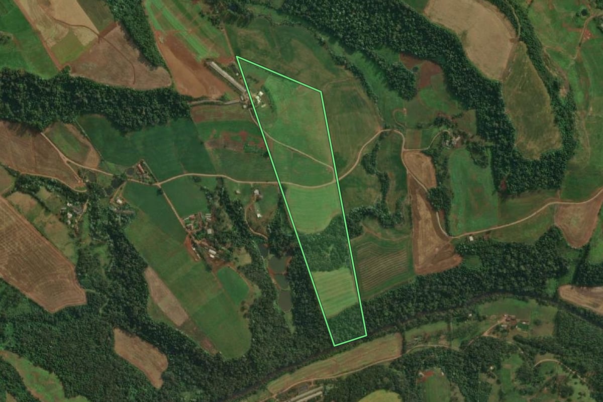 Imagem de satélite do imóvel rural em Itapiranga (SC), com o contorno declarado no CAR desenhado por cima.