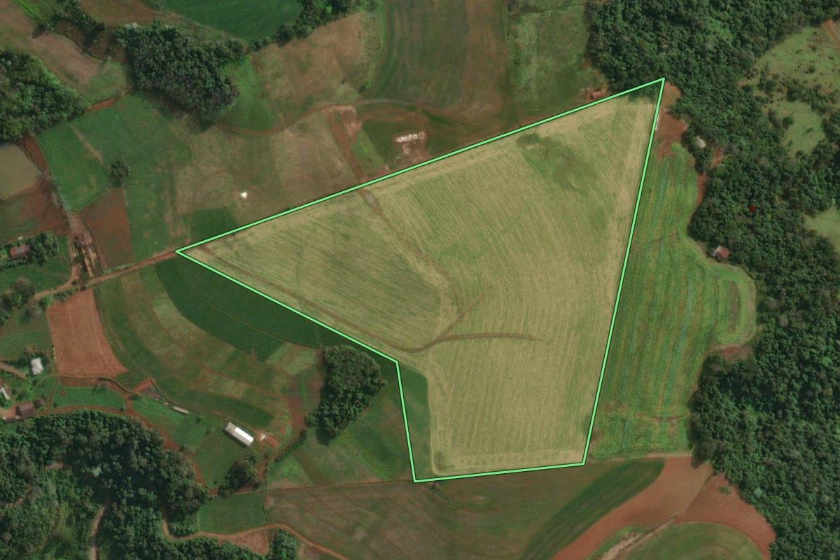 Imagem de satélite do imóvel rural em Itapiranga (SC), com o contorno declarado no CAR desenhado por cima.