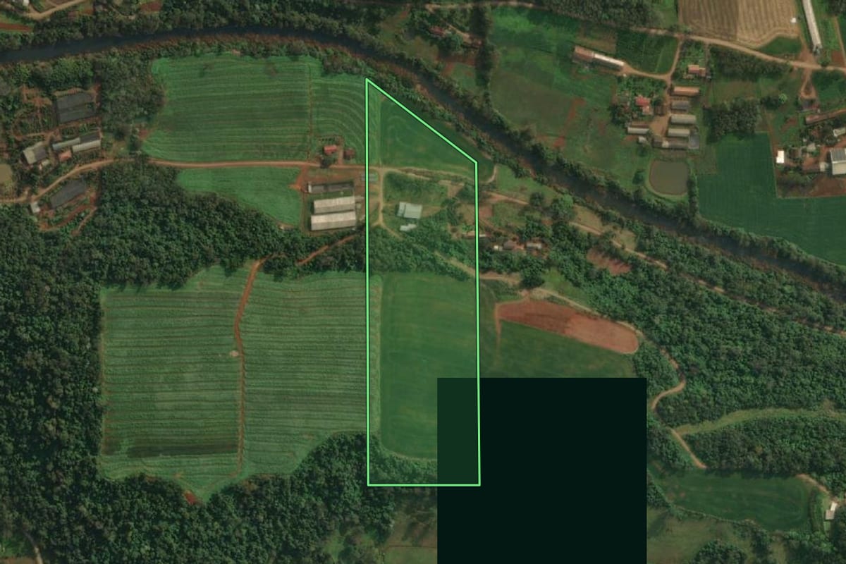Imagem de satélite do imóvel rural em Itapiranga (SC), com o contorno declarado no CAR desenhado por cima.