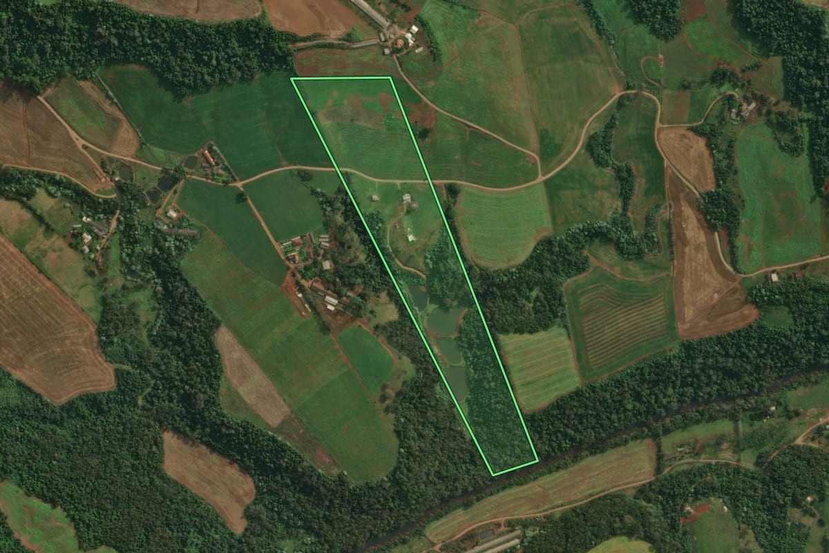 Imagem de satélite do imóvel rural em Itapiranga (SC), com o contorno declarado no CAR desenhado por cima.
