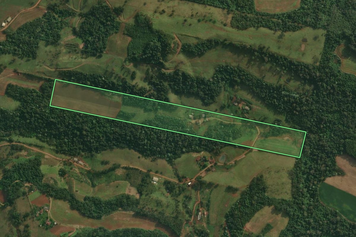 Imagem de satélite do imóvel rural em Itapiranga (SC), com o contorno declarado no CAR desenhado por cima.