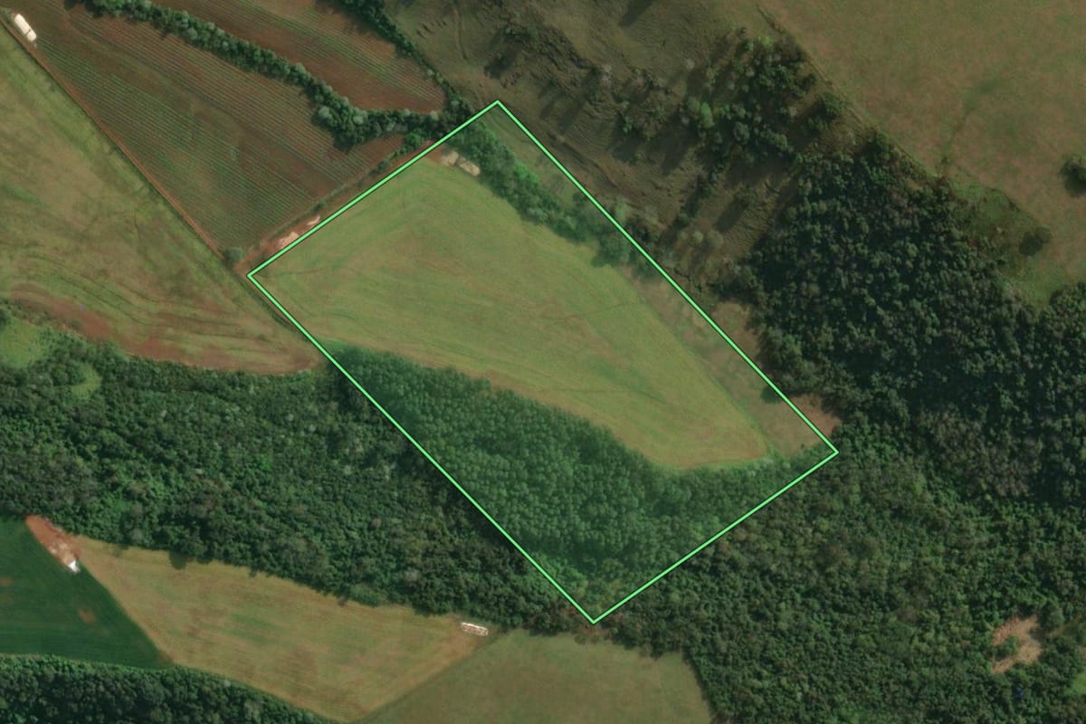 Imagem de satélite do imóvel rural em Itapiranga (SC), com o contorno declarado no CAR desenhado por cima.