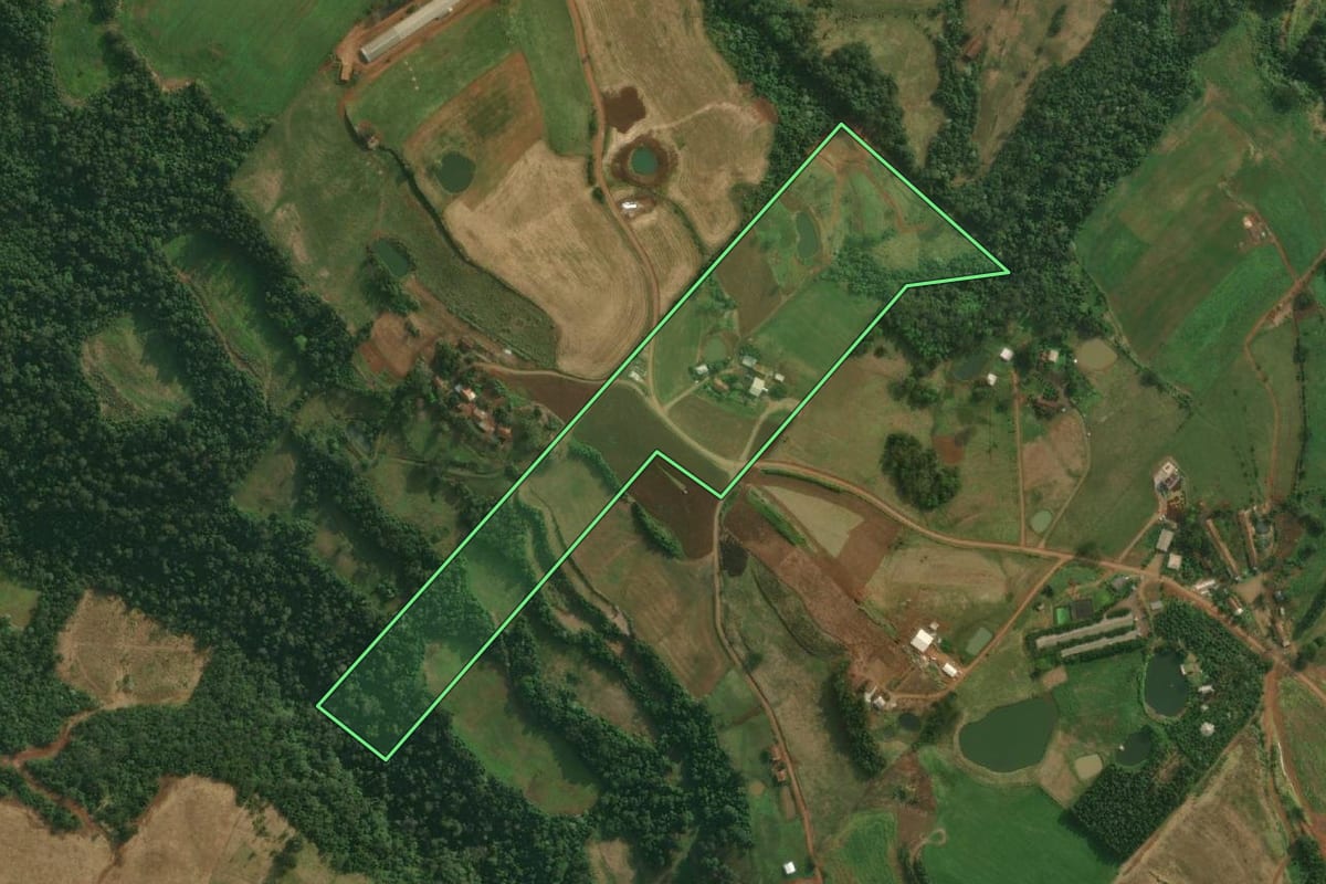 Imagem de satélite do imóvel rural em Itapiranga (SC), com o contorno declarado no CAR desenhado por cima.