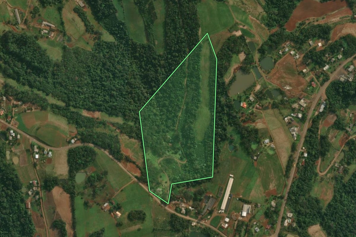 Imagem de satélite do imóvel rural em Itapiranga (SC), com o contorno declarado no CAR desenhado por cima.