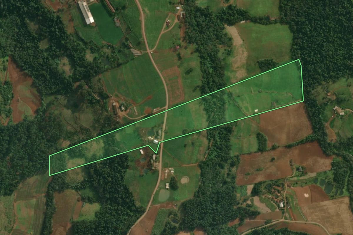 Imagem de satélite do imóvel rural em Itapiranga (SC), com o contorno declarado no CAR desenhado por cima.