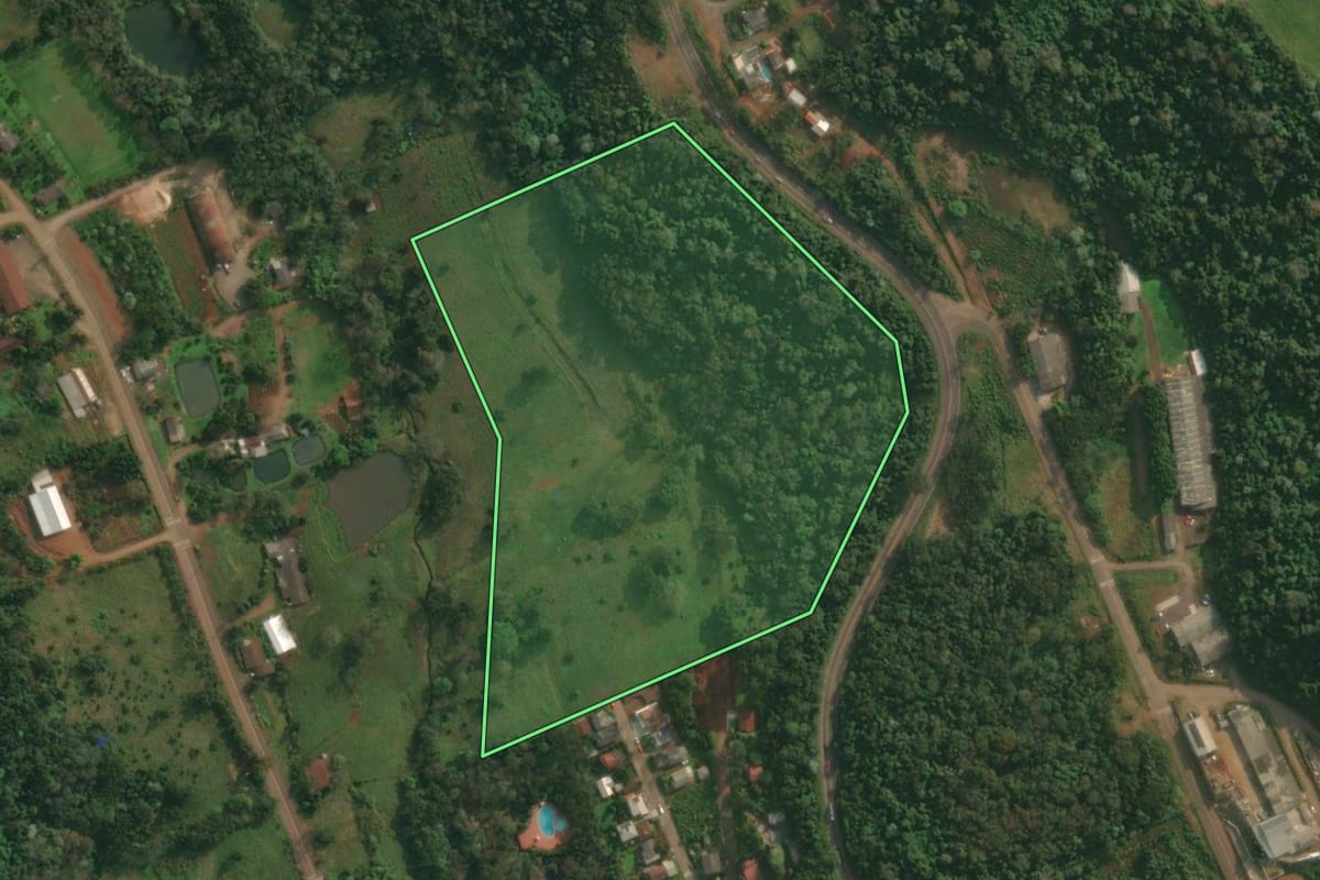 Imagem de satélite do imóvel rural em Itapiranga (SC), com o contorno declarado no CAR desenhado por cima.