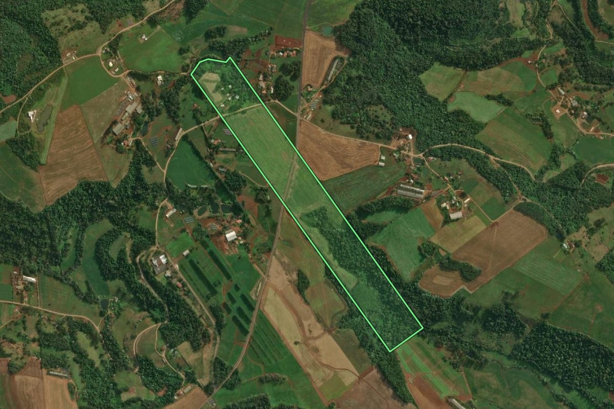 Imagem de satélite do imóvel rural em Itapiranga (SC), com o contorno declarado no CAR desenhado por cima.