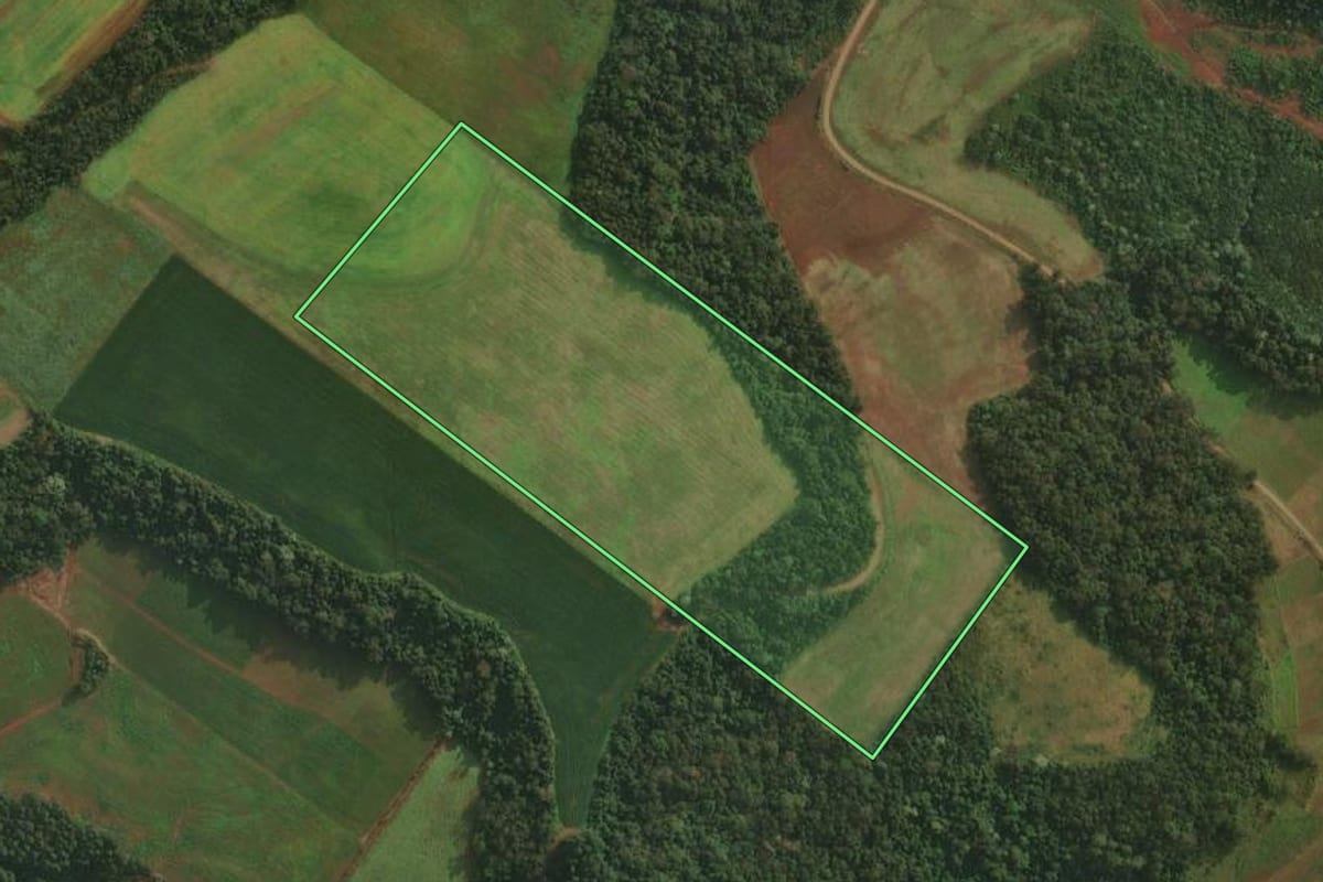 Imagem de satélite do imóvel rural em Itapiranga (SC), com o contorno declarado no CAR desenhado por cima.
