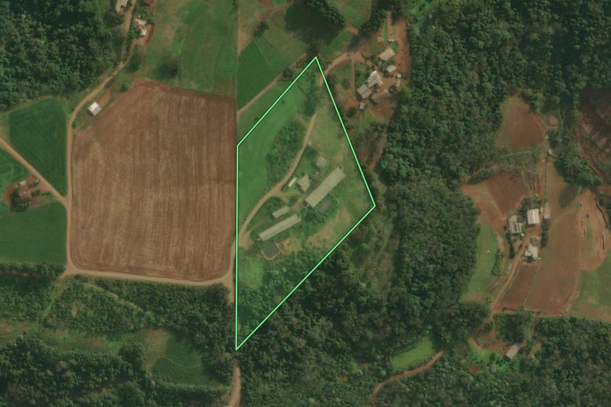Imagem de satélite do imóvel rural em Itapiranga (SC), com o contorno declarado no CAR desenhado por cima.
