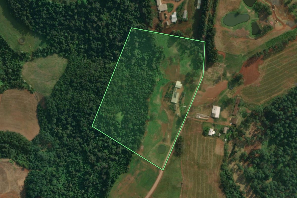 Imagem de satélite do imóvel rural em Itapiranga (SC), com o contorno declarado no CAR desenhado por cima.