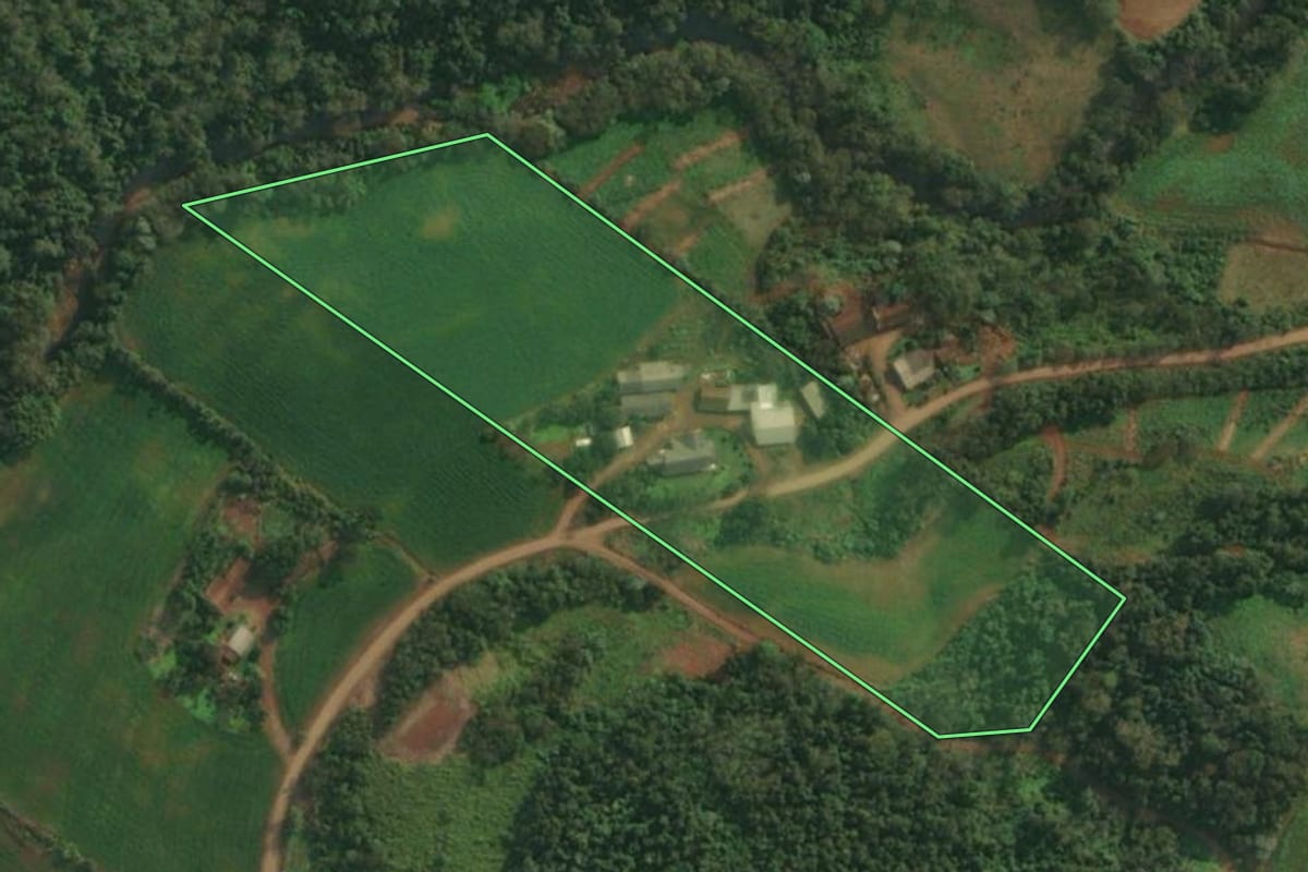 Imagem de satélite do imóvel rural em Itapiranga (SC), com o contorno declarado no CAR desenhado por cima.