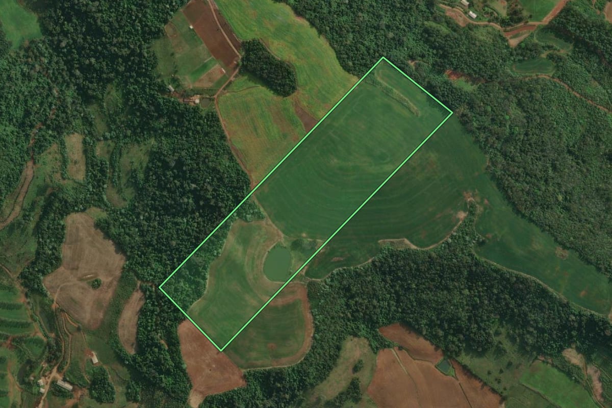 Imagem de satélite do imóvel rural em Itapiranga (SC), com o contorno declarado no CAR desenhado por cima.