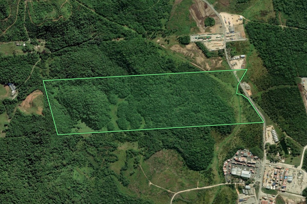 Imagem de satélite do imóvel rural em Itapoá (SC), com o contorno declarado no CAR desenhado por cima.