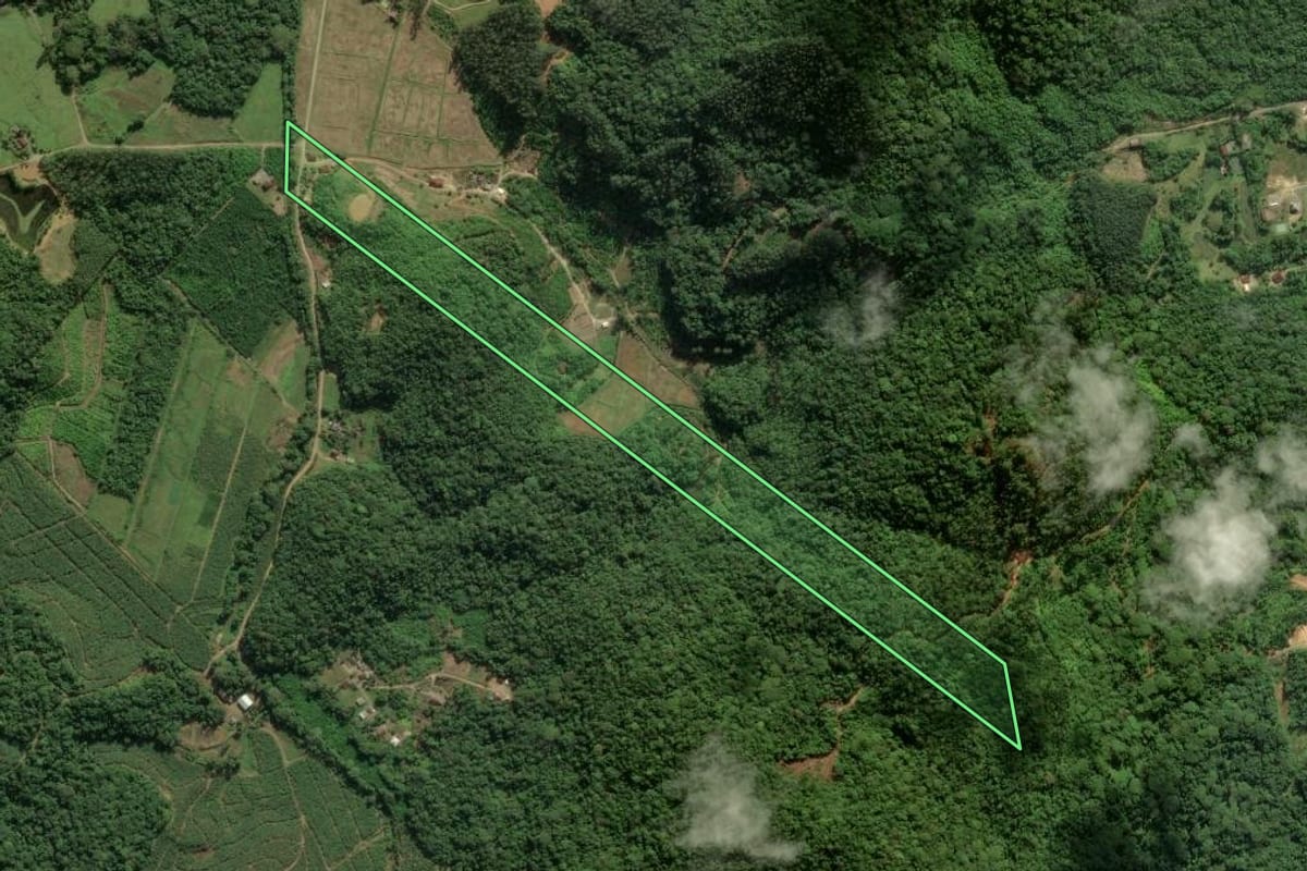 Imagem de satélite do imóvel rural em Itapoá (SC), com o contorno declarado no CAR desenhado por cima.