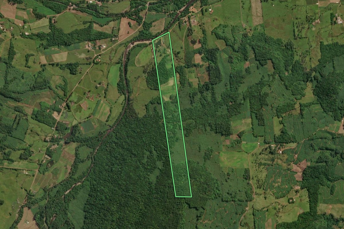 Imagem de satélite do imóvel rural em Jacinto Machado (SC), com o contorno declarado no CAR desenhado por cima.