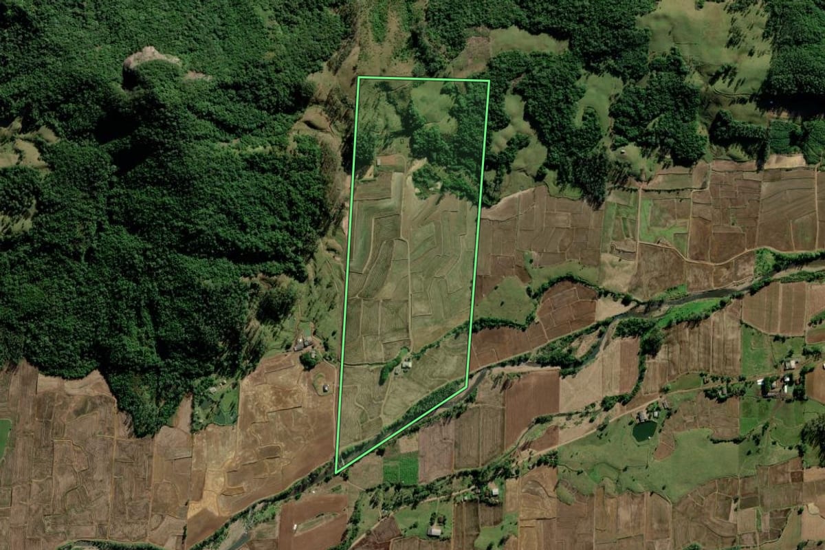 Imagem de satélite do imóvel rural em Jacinto Machado (SC), com o contorno declarado no CAR desenhado por cima.