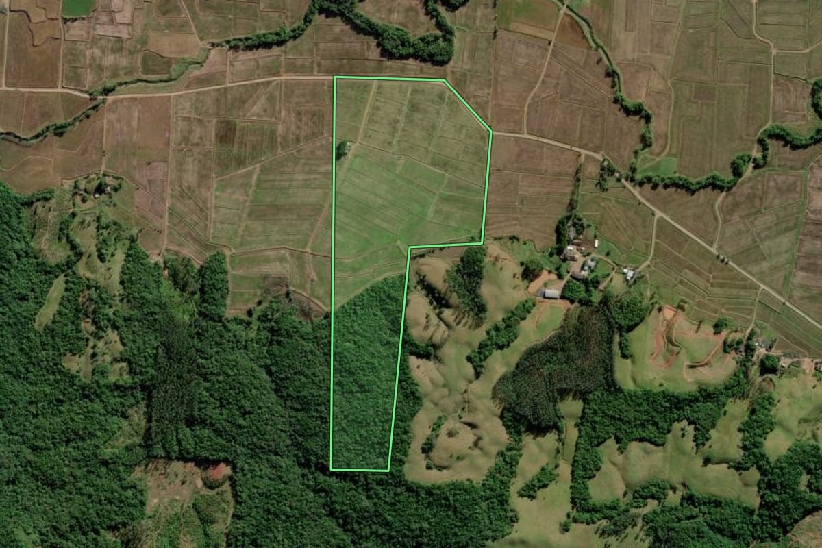 Imagem de satélite do imóvel rural em Jacinto Machado (SC), com o contorno declarado no CAR desenhado por cima.