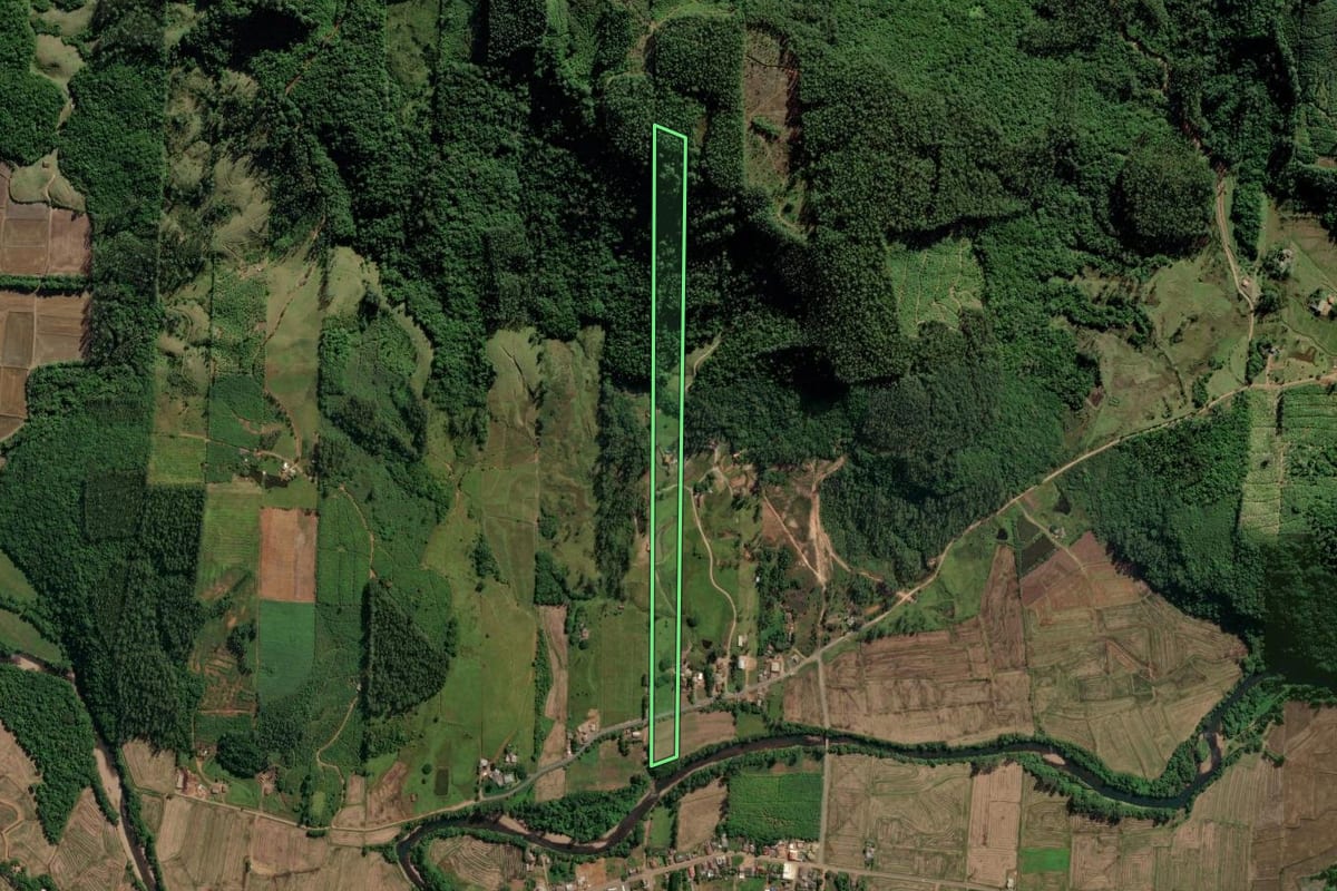 Imagem de satélite do imóvel rural em Jacinto Machado (SC), com o contorno declarado no CAR desenhado por cima.