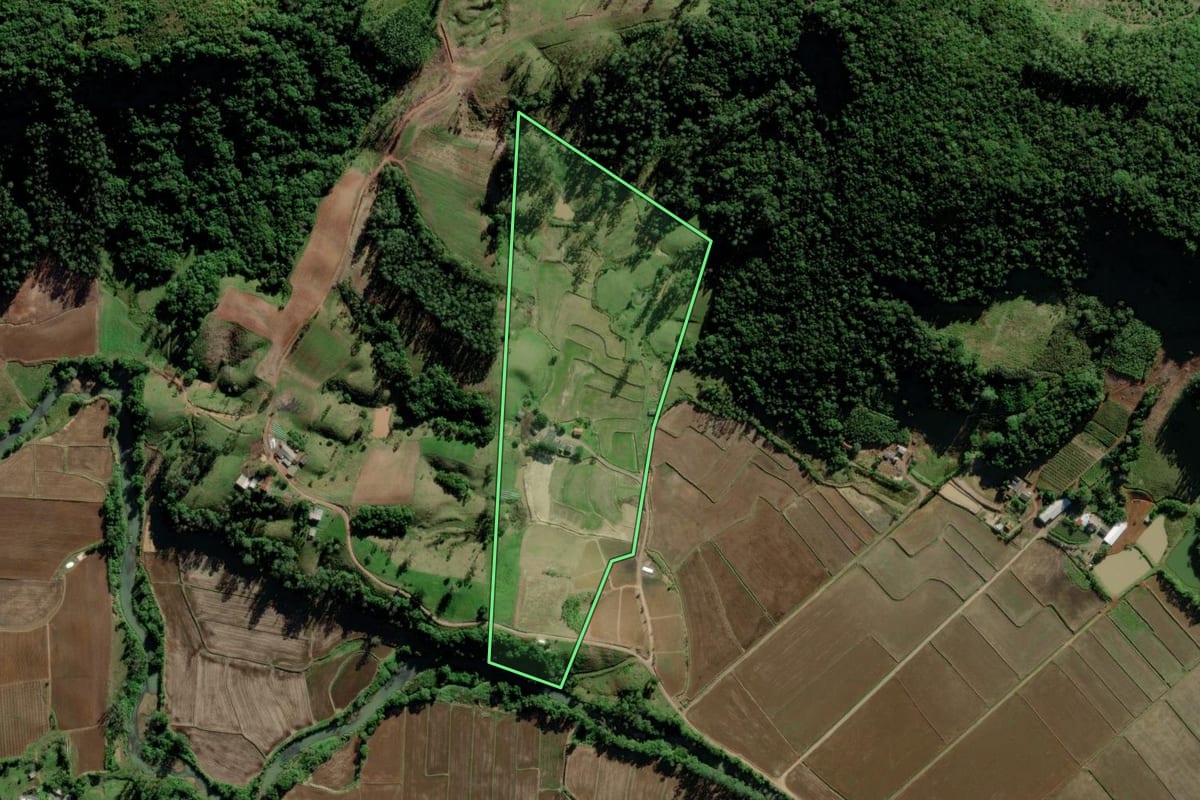 Imagem de satélite do imóvel rural em Jacinto Machado (SC), com o contorno declarado no CAR desenhado por cima.