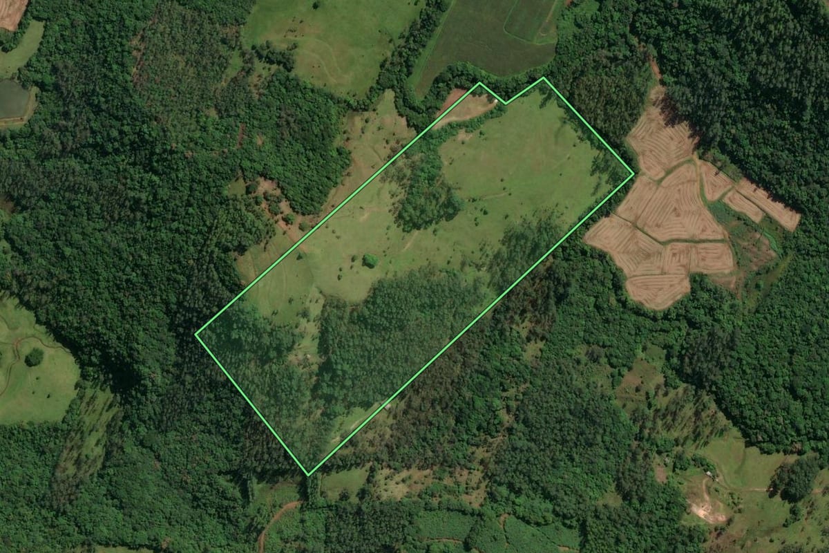 Imagem de satélite do imóvel rural em Jacinto Machado (SC), com o contorno declarado no CAR desenhado por cima.