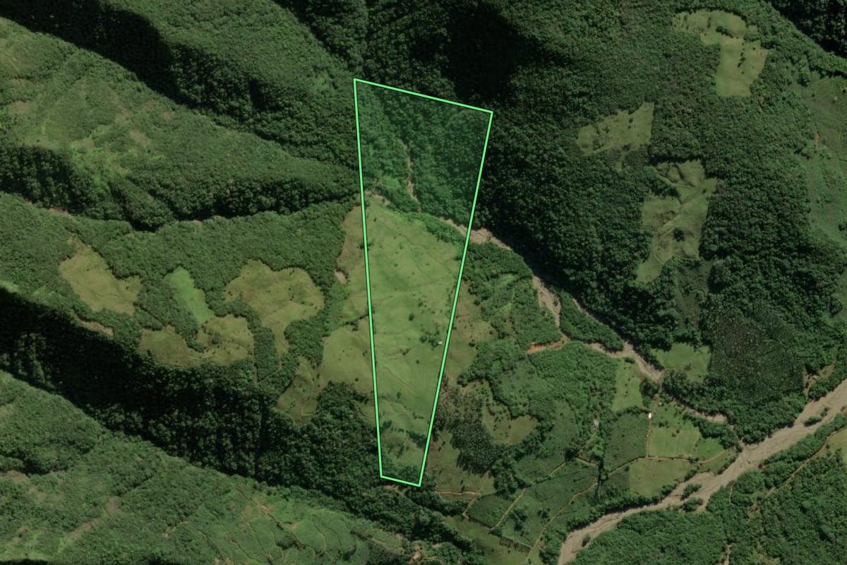 Imagem de satélite do imóvel rural em Jacinto Machado (SC), com o contorno declarado no CAR desenhado por cima.